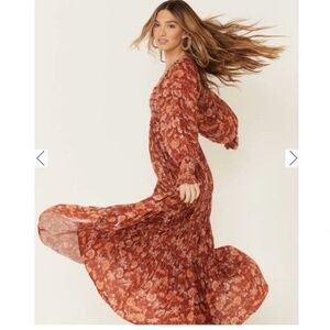 Free People Sweet Escape Smocked Floral Maxi Peasant Dress Mocha XS